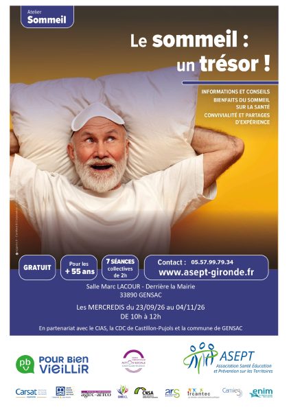 Atelier sommeil seniors gratuit à Gensac : 7 séances du 23 septembre au 4 novembre 2026 pour découvrir des conseils et stratégies favorisant des nuits réparatrices.
