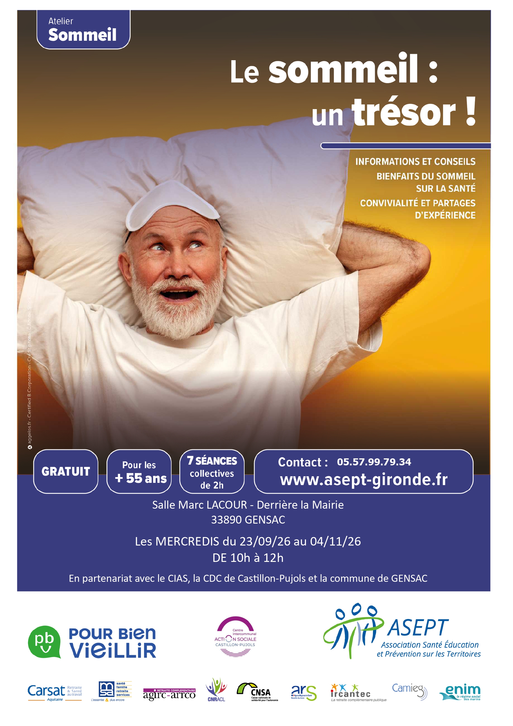 Atelier sommeil seniors gratuit à Gensac : 7 séances du 23 septembre au 4 novembre 2026 pour découvrir des conseils et stratégies favorisant des nuits réparatrices.