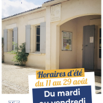 Horaires d’été de la médiathèque du 11 au 29 août : ouverture du mardi au vendredi, de 9h30 à 12h.