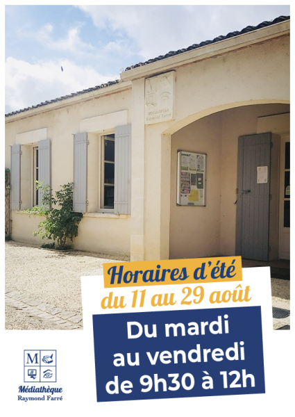 Horaires d’été de la médiathèque du 11 au 29 août : ouverture du mardi au vendredi, de 9h30 à 12h.