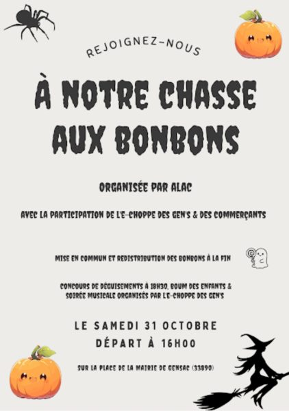 Rendez-vous le samedi 31 octobre à Gensac pour la 2ᵉ chasse aux bonbons organisée par l’école de danse ALAC, suivie de boums et d’animations pour petits et grands !