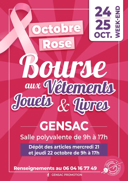 Bourse aux vêtements et jouets à Gensac les 24 et 25 octobre, organisée par Gensac Promotion au profit d’Octobre Rose.