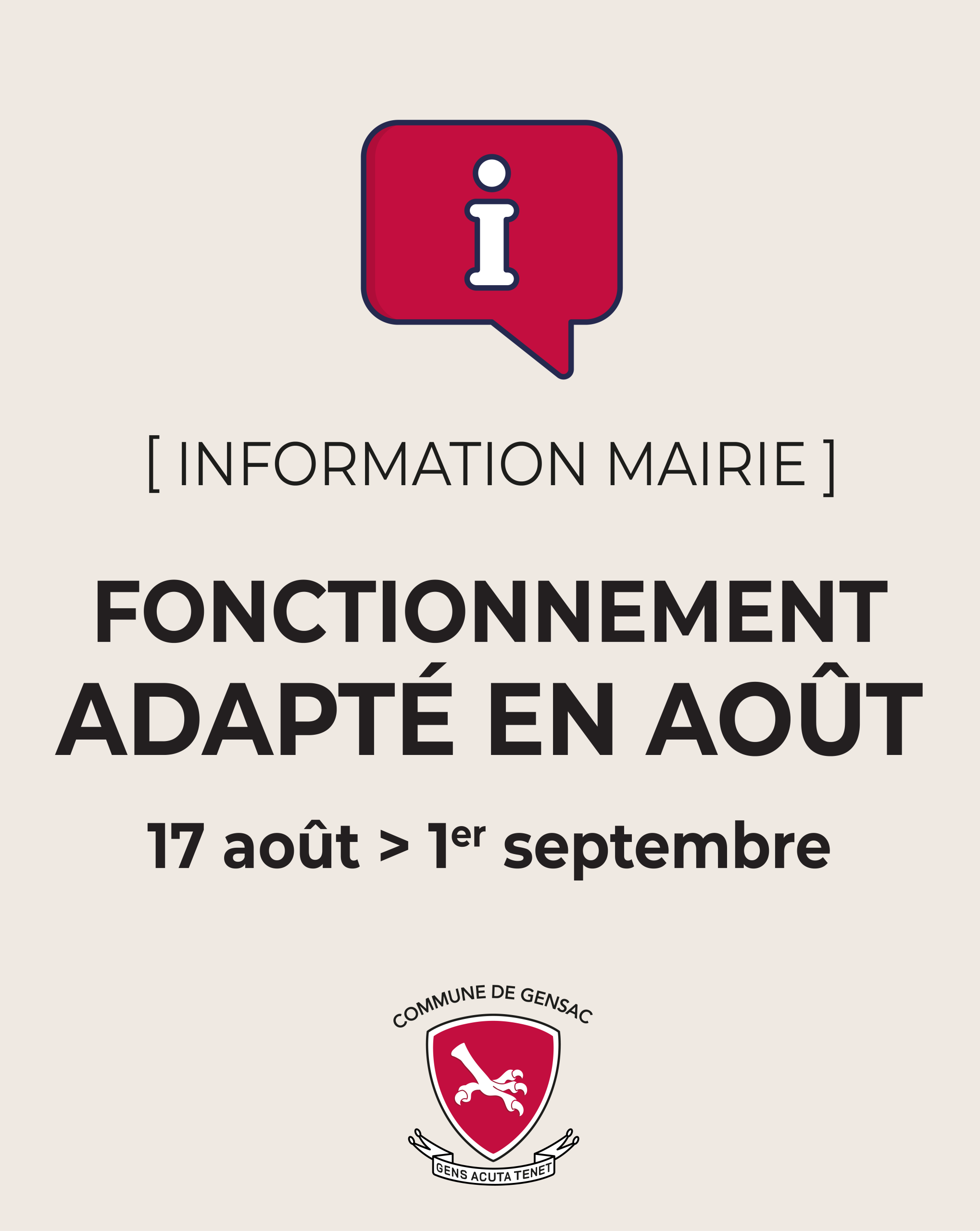 Du 17 août au 1er septembre 2026, la mairie de Gensac adapte son fonctionnement en raison des congés d’été et d’un effectif réduit.