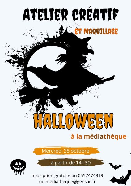 Atelier créatif et maquillage spécial Halloween à la médiathèque de Gensac, mercredi 28 octobre dès 14h30. Gratuit, sur inscription.