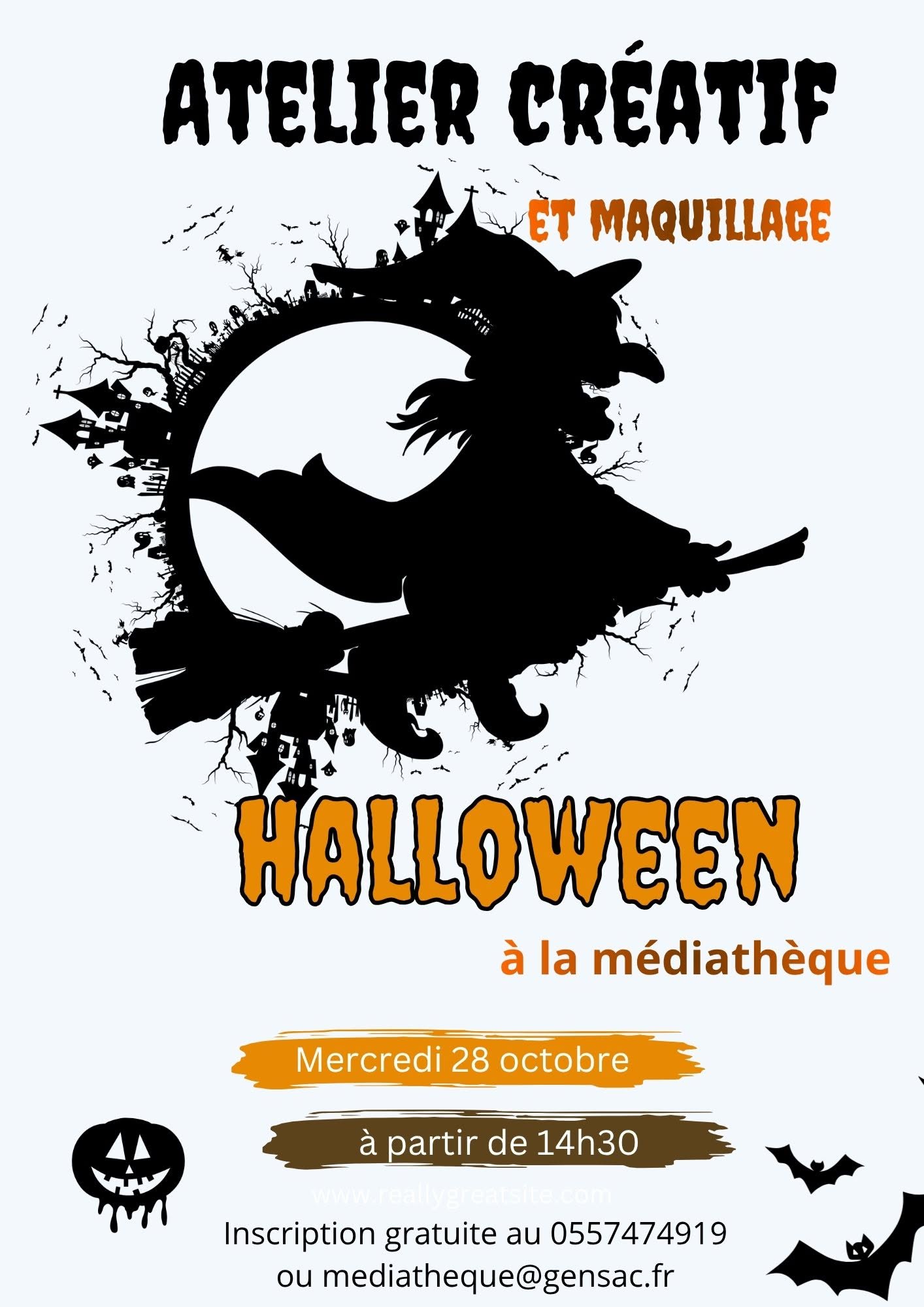Atelier créatif et maquillage spécial Halloween à la médiathèque de Gensac, mercredi 28 octobre dès 14h30. Gratuit, sur inscription.