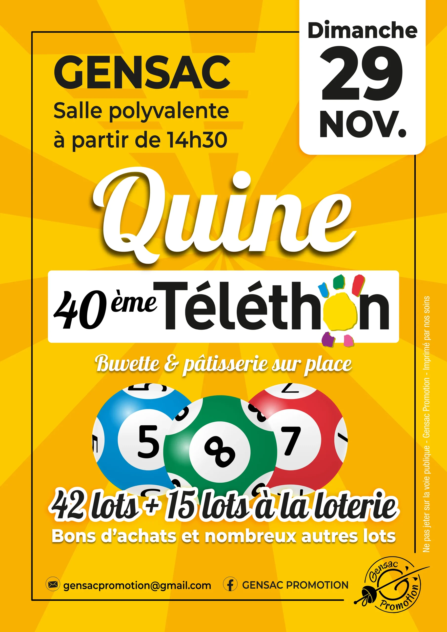 Gensac Promotion organise le 40e quine du Téléthon, dimanche 29 novembre à 14h30 à la salle polyvalente de Gensac.